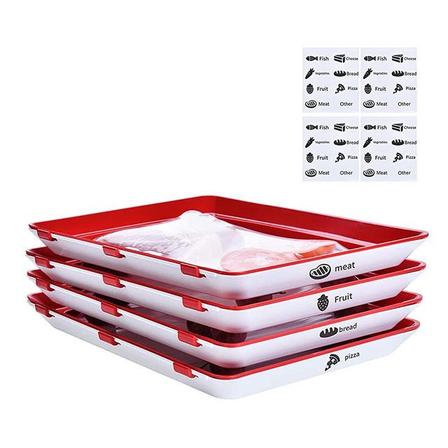 Food Tray Stackable Creative Food Preservation Tray Reusable, Durable, Superior for Keeping Food Fresh, Dishwasher & Freezer Safe (4 pcs Trays and 32 pcs Food label)