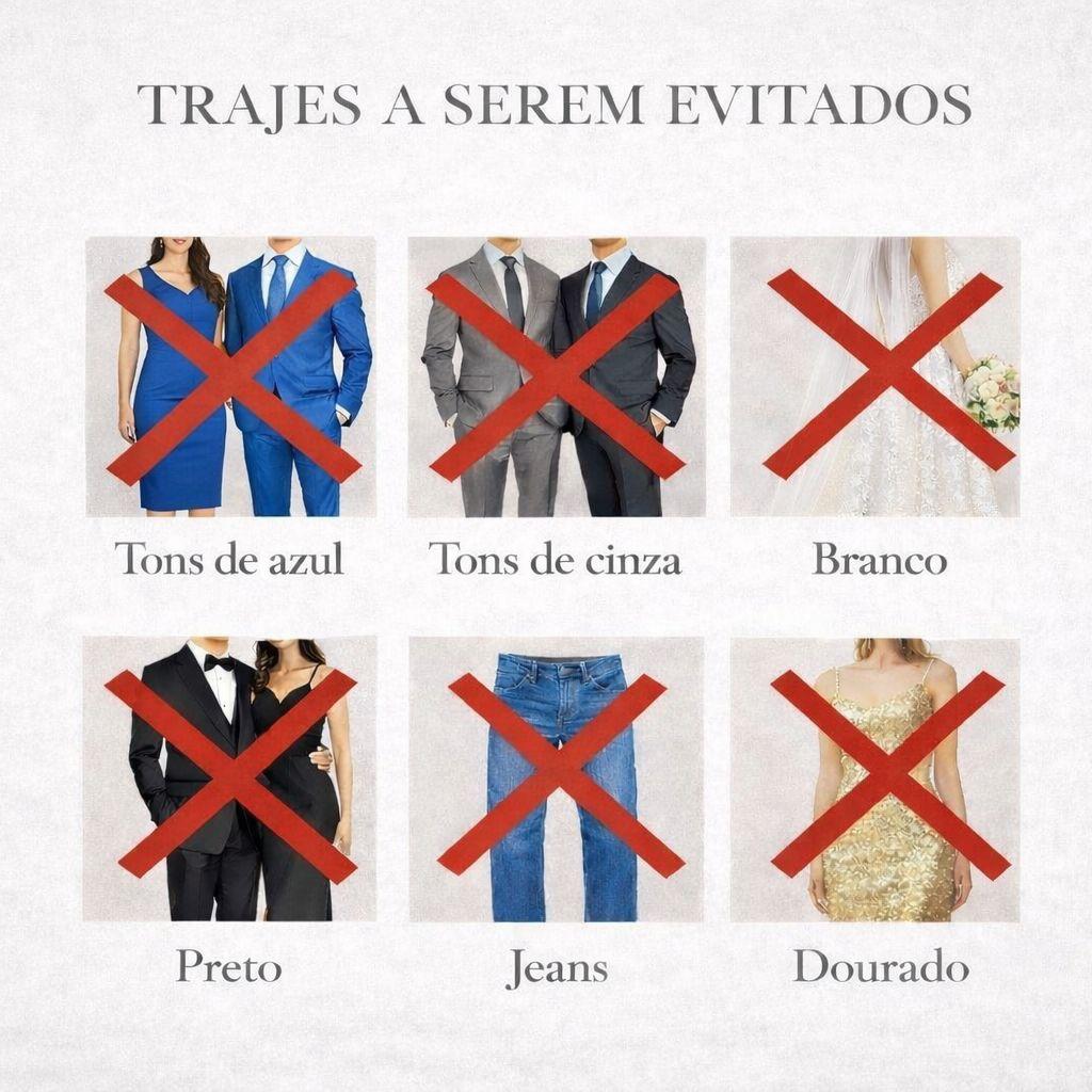 Para manter a harmonia da celebração, pedimos traje Old Money na paleta indicada. Evitem azul, cinza, preto, branco, dourado, jeans, bermudas e bonés. 

Obrigado por celebrar conosco com elegância.