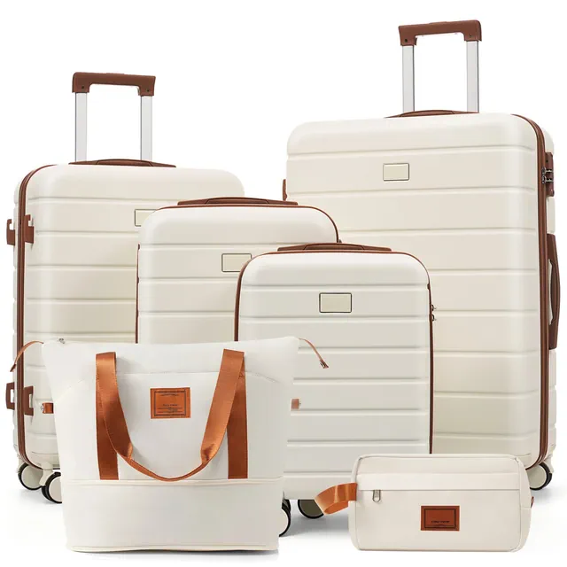 ModernLuxe 6-Piece Luggage Set, 16/20/24/28 Suitcases with Expandable Duffel Bag, Waterproof Toiletry Kit, TSA Lock, 360°Spinner Wheels, Ivory & Brown