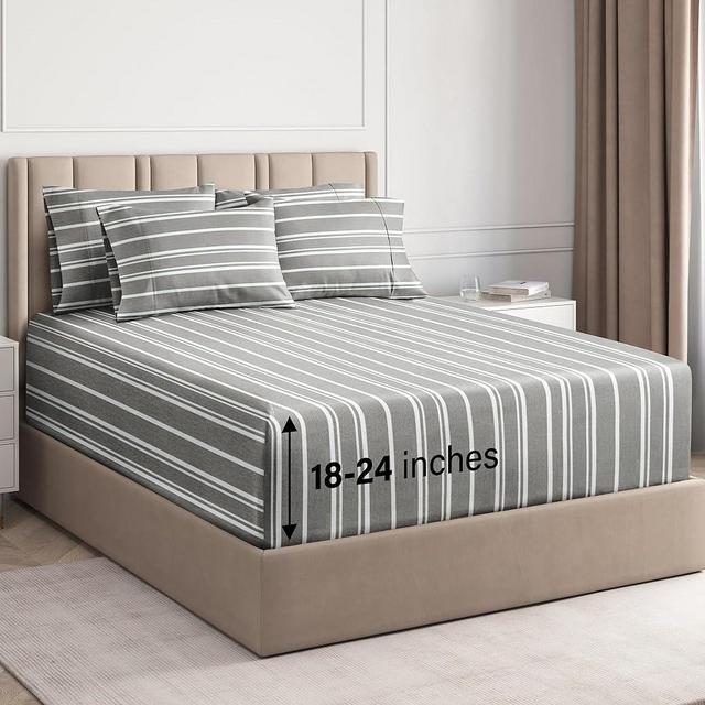 Extra Deep King Sheet Set - 6 Piece Breathable & Cooling Sheets - Hotel Luxury Bed Sheets Set - Easy Fit - Soft, Wrinkle Free & Comfy Sheets Set - Grey Striped Sheet Set w/Extra Deep Pockets