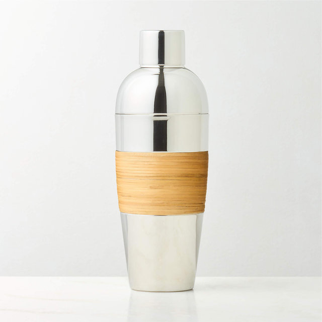 Savoy Polished Stainless Steel and Rattan Cocktail Shaker