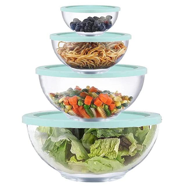 Glass Mixing Bowl Set of 4 with Airtight Lids for Kitchen Baking Prepping,Serving,Cooking 0.6QT, 1.1QT, 2.2QT, 4QT High Brosilicate Salad Bowl Set with Lids,Dishwasher and Microwavable Safe,Great Gift