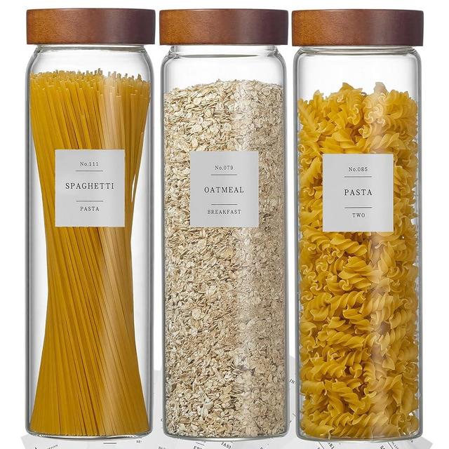 Wissy&Konny 3 Pack Glass Pasta Storage Containers with Screw wood Airtight Lid, 70oz Tall Glass Jar with Lid Spaghetti Container Storage for Pasta,Spaghetti,Cereal (132 Pantry Labels)