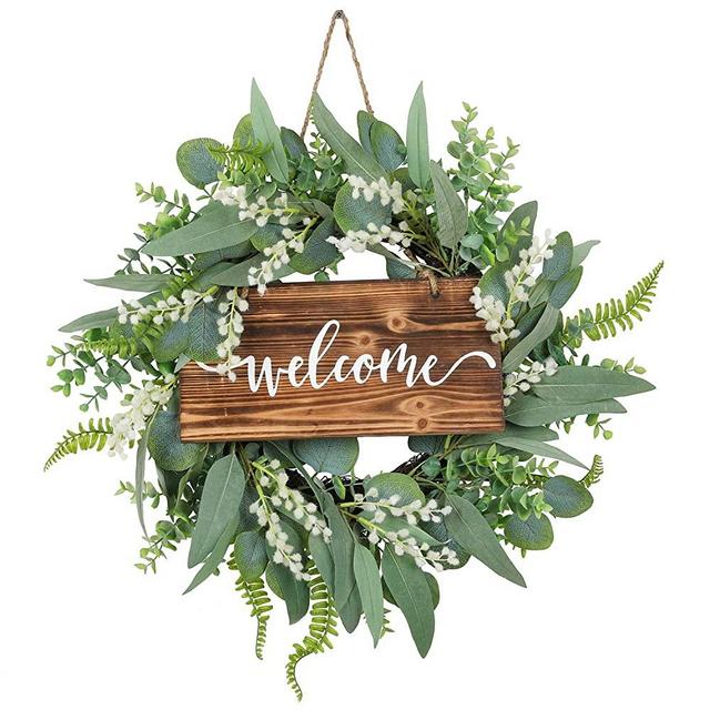 20 Inch Green Eucalyptus Wreath for Front Door- Handicraft Bamboo Frame with Versatile Silk Leaves - Ideal Spring & Summer Decorating for Indoor & Outdoor Use (White)