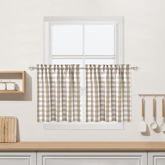 Beige Buffalo Plaid Cafe Curtains 30 Inch Length, Buffalo Check Kitchen Tier Curtains, Farmhouse Gingham Rod Pocket Short Half Window Curtain for Kitchen Bathroom, 28" W x 30" L, Linen, Set of 2