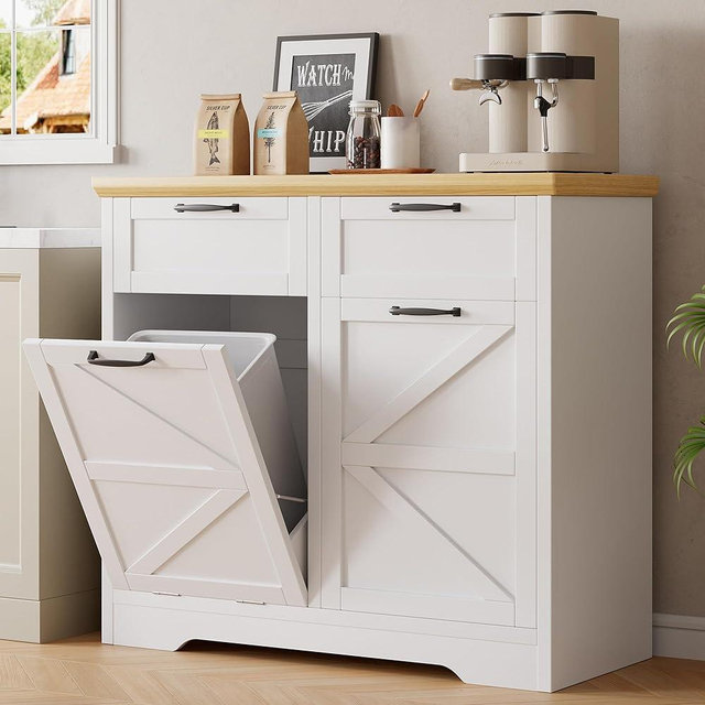 Double Tilt Out & Push-Open Trash Can Cabinet, 2x10 Gallon Freestanding Hidden Garbage Recycling Bin with Drawer & Laundry Sorter, Hideaway Pet Proof Trash Can for Kitchen, Living Room - White