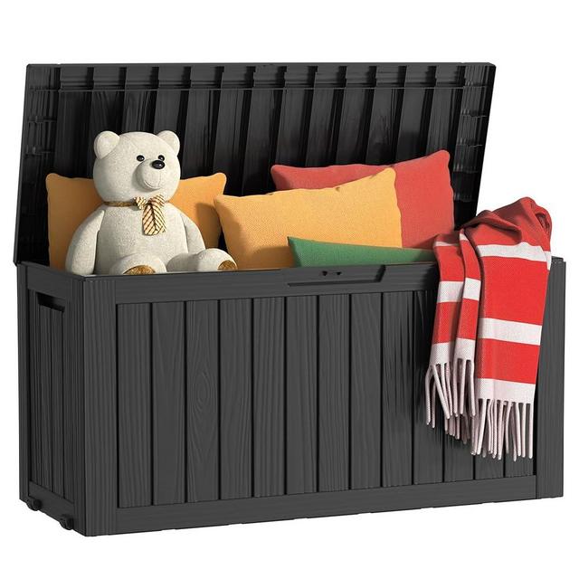 EasyUp 75 Gallon Outdoor Storage Box Waterproof, UV Resistant Resin Deck Box with Hydraulic Rod, Reinforced Stability for Patio, Garden, Striped Black