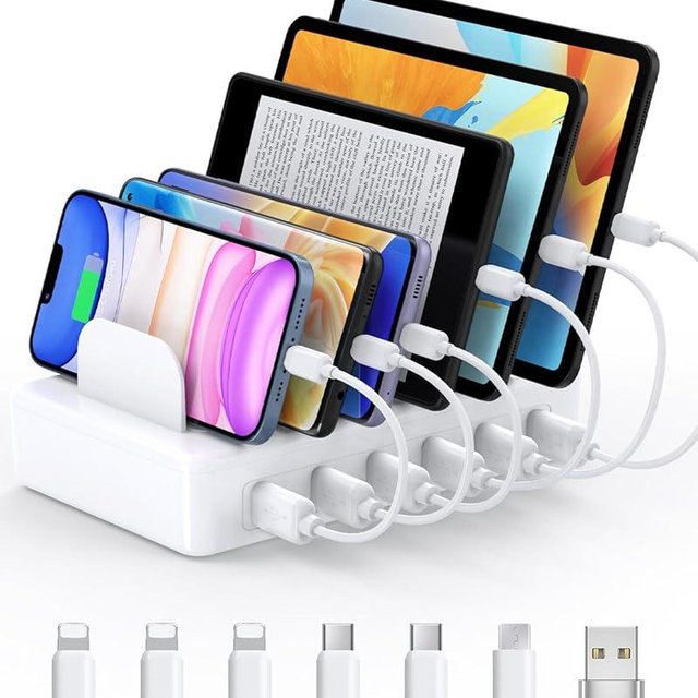 Charging Station for Multiple Devices Apple, CREATIVE DESIGN 50W Multi Charger Station with 6 USB Ports & 6 Cables, Charging Dock for Apple Android Phone iPad Kindle Tablet and Other Electronic
