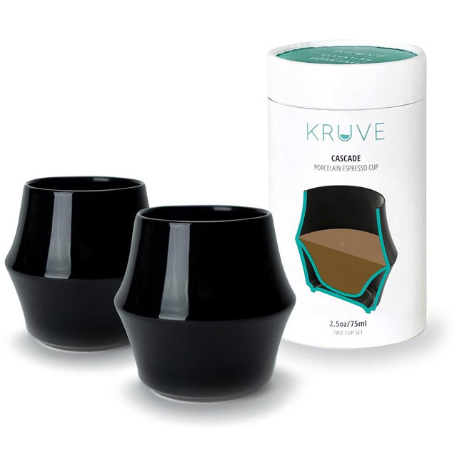 KRUVE CASCADE Porcelain Coffee Cups, 2.5oz Double-Walled Espresso Cups, Sensory Espresso Coffee Mug Set for Heat Retention, Black Porcelain Drinking Glasses with Enhanced Aroma, Elegant Cup Design