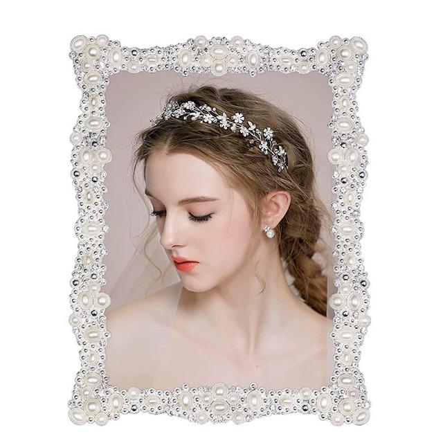 5x7 Pearl Picture Frame with Crystal for Wedding ,Silver Plated with High Definition Glass Photo Frames with Rhinestones Horizontal and Vertical Decor Tabletop Display (Real Glass)