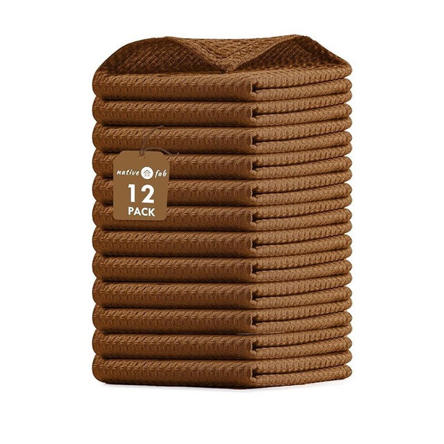 Native Fab Waffle 12 Pack Dish Cloths - 100% Cotton, Absorbent, Quick Drying, Washable Towels for Cleaning, Cooking & Baking - Ideal for Home, Restaurants, Bars, BBQs - 12 x 12 inches - Brown