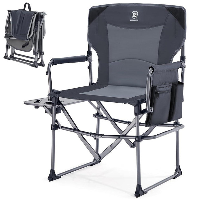 EVER ADVANCED Camping Directors' Chair with Side Table, Portable Folding Chair with Compact Size, Heavy Duty Lawn with Pocket for Camping, Lawn, Sports and Fishing, 400lbs, Grey