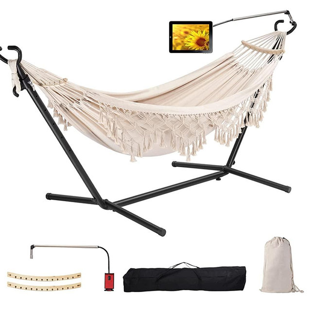 Double Hammock with Stand Upgraded Phone Holder Portable Heavy Duty Stainless Steel Indoor Outdoor Patio Yard Beach with Carrying Case （2022 Beige）