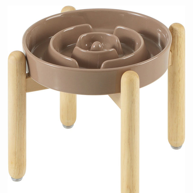 Havniva Anti-Gulping Slow Feeder Elevated Dog Bowl with Wooden Stand, Brown Coffee, 9.5 in