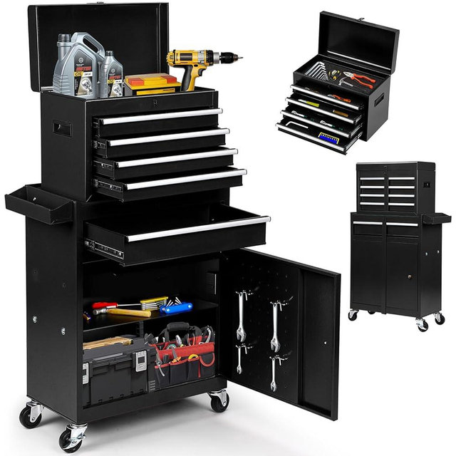 Clickoods 5-Drawer Rolling Tool Chest – 2-in-1 Lockable Tool Box with Wheels, Sliding Drawers & Detachable Top – Garage & Workshop Storage Cabinet, Black