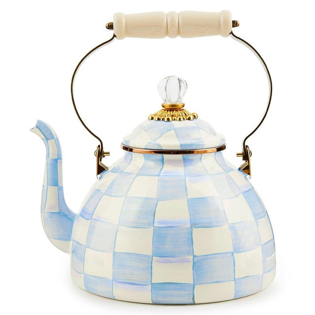 MACKENZIE CHILDS Enamel Tea Kettle, Decorative Tea Kettle for Stovetop, 3 Quarts, Light-Blue-and-White Sky Check
