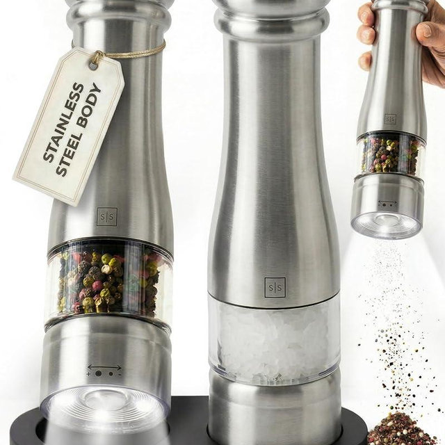 Electric Salt and Pepper Grinder Set - Styled Settings Stainless Steel Salt and Pepper Grinder Set with LED Light, Adjustable Coarseness, Battery Operated, Wood Base