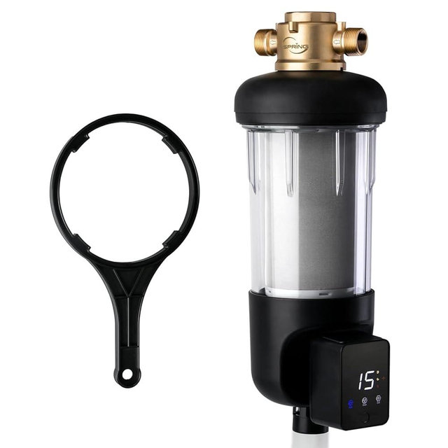 iSpring WSP100ARJ, NSF Certified, Spin-Down Sediment Water Filter, Upgraded Jumbo Size, Large Capacity, Reusable with Touch-Screen Auto Flushing Module, Brass Top Clear Housing, 100 Microns