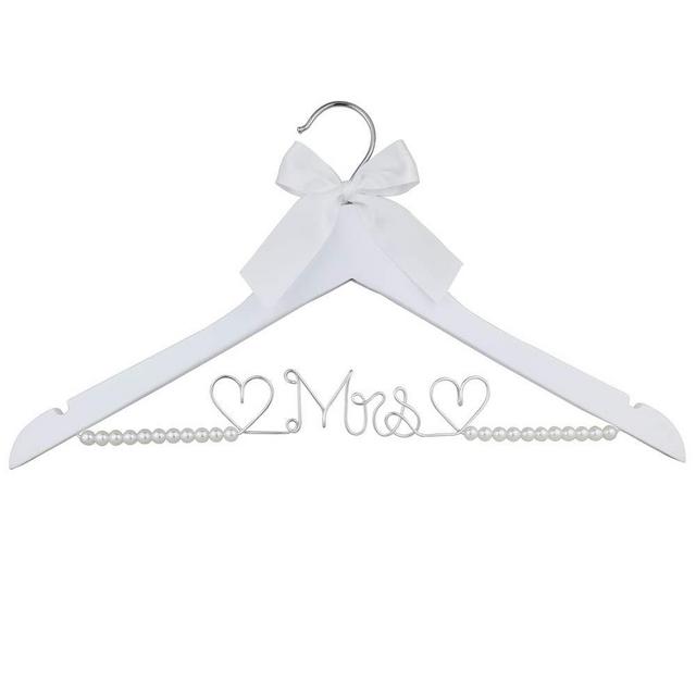 Bridal Dress Hanger Solid Wood Dress Hangers Mrs Letter Hanger Wedding Gift (White Hanger Pearl and Silver Thread)