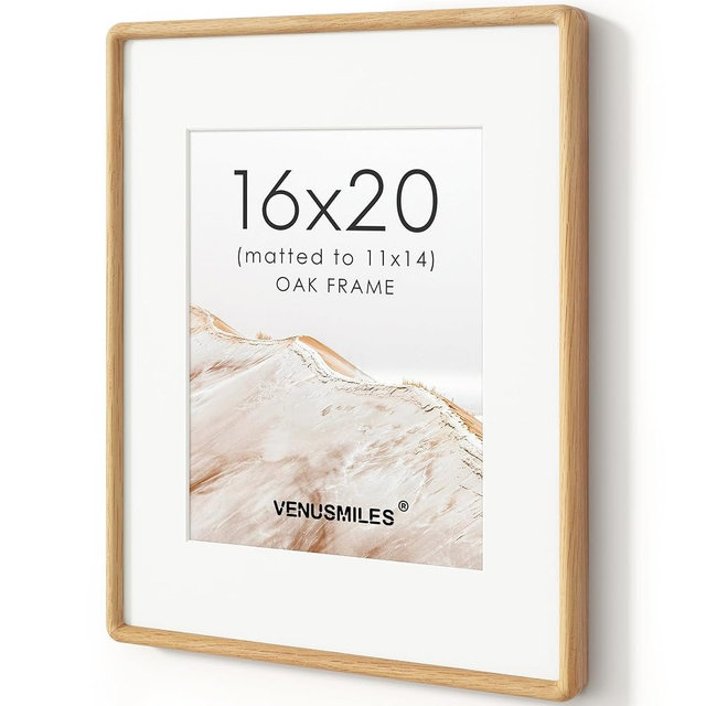 16x20 Picture Frame, Solid Oak Wood Frame with Mat for 11x14 Photo | USA-Sourced Natural Oak Frames, HD Tempered Glass, Hanging Hooks Included, Horizontal or Vertical Wall Mounting