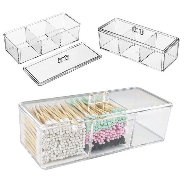 Dycica Clear Cotton Ball and Swab Holder 3 Divided Compartments with Lid, , Waterproof Bathroom Organizers Small Plastic Storage Containers, Vanity Makeup Organization (A)