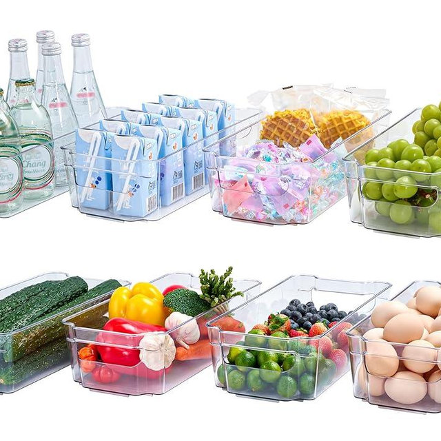 JollyPack 8 Pack Clear Plastic Storage Bins, Refrigerator Organizers and Storage with Handles for Fridge, Pantry, Kitchen, Bathroom, Office, and Cabinet Organization