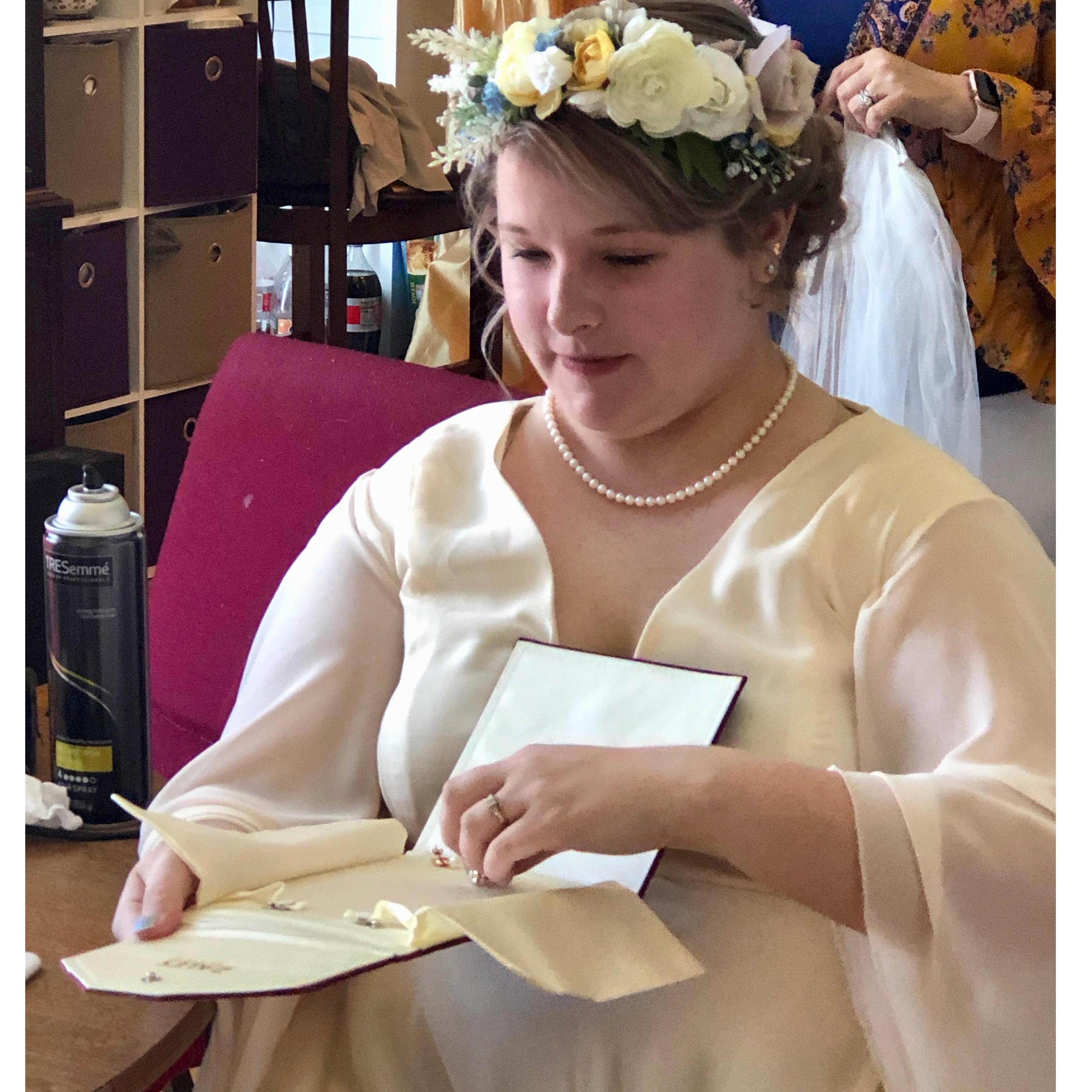Cousin Keighla brought up Grandma Mary Peterson's pearls for her to wear.