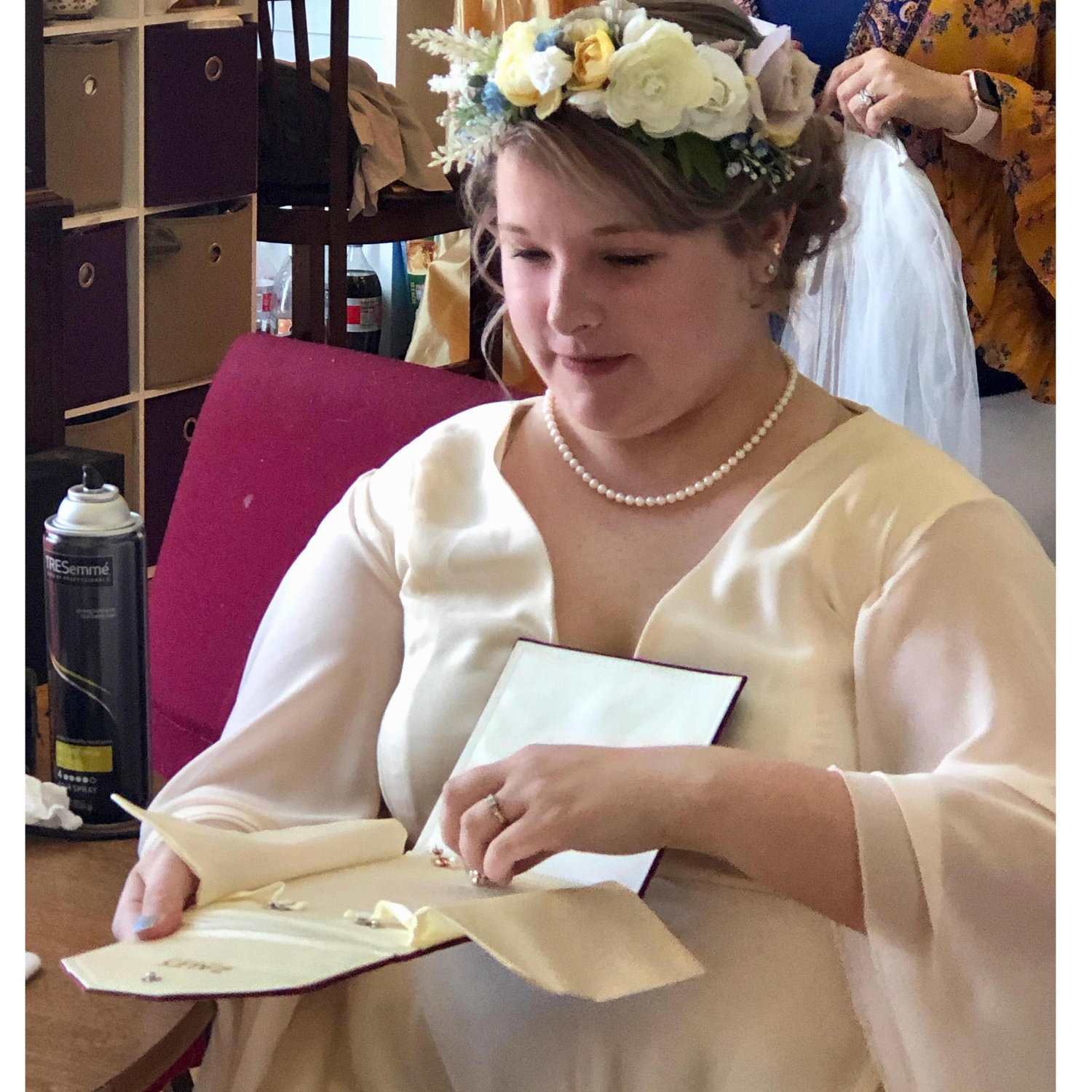 Cousin Keighla brought up Grandma Mary Peterson's pearls for her to wear.