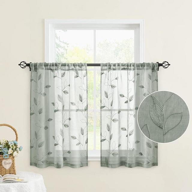HOMEIDEAS Sage Green Sheer Kitchen Curtains 30 X 36 Inch Length 2 Panels Embroidered Leaf Pattern Short Curtains for Small Window Valance Tiers