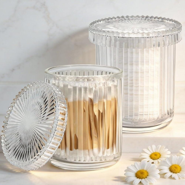 ESEHGS 2 Pack Glass Qtip Holder Dispenser Set - Bathroom Organizer for Cotton Swabs, Balls, Pads, Floss Picks - Clear Apothecary Jars for Vanity, Makeup Storage, Bathroom Accessories Decor (Clear)
