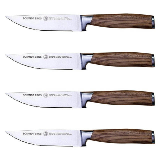 Schmidt Brothers -Bonded Teak 4-Piece Jumbo Steak Knife Set, High-Carbon German Stainless Steel Cutlery in a Wood Gift Box