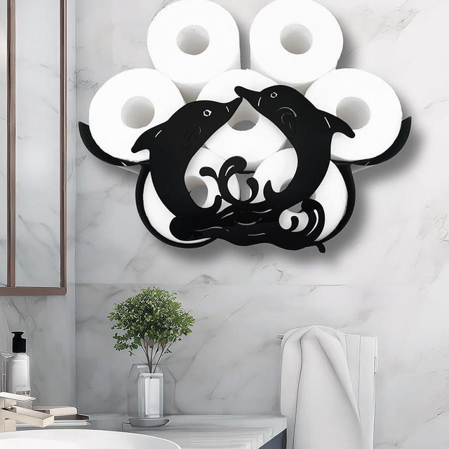 Euiroet Dolphin Wall-Mounted Toilet Paper Holder: Stylish Bathroom Storage for 8 Rolls, Decorative Metal Design, Corrosion Resistant, Easy to Assemble, Space-Saving & Whimsical Dolphin Accent