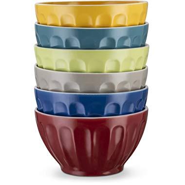 KooK Ceramic Bowls, Assorted Colors, Great for Cereal, Fruit, Dessert, Set of 6, 22oz capacity