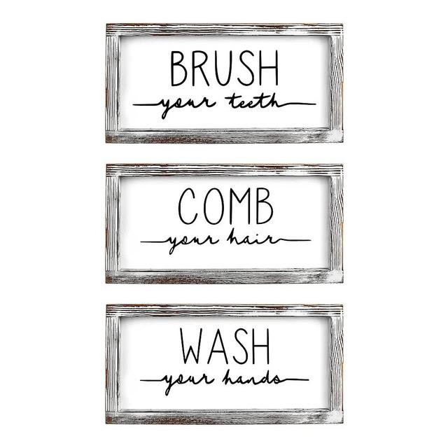 LIBWYS Bathroom Sign & Plaque (Set of 3) Wash Your Hands Brush Your Teeth Comb Your Hair Bath Art Natural Wood Decorative Farmhouse Bathroom Decor (White Frame on White Background)