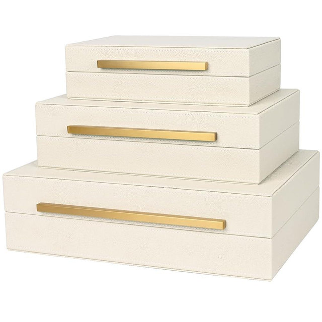 ZIKOUL Beige Shagreen Decorative Box Set of 3 - Faux Leather Nesting Storage Boxes with Lids, Large Modern Jewelry Organizer, Stackable Home Decor Box for Bedroom, Bathroom & Office