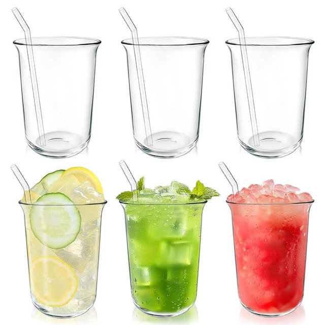 Cheardia 6 Pack Drinking Glasses, 16 OZ Clear Highball Glasses with Glass Straws, Crystal Versatile Glassware Set for Juice Coffee Cocktail Home Restaurant Party, Dishwasher Safe, Lead-Free