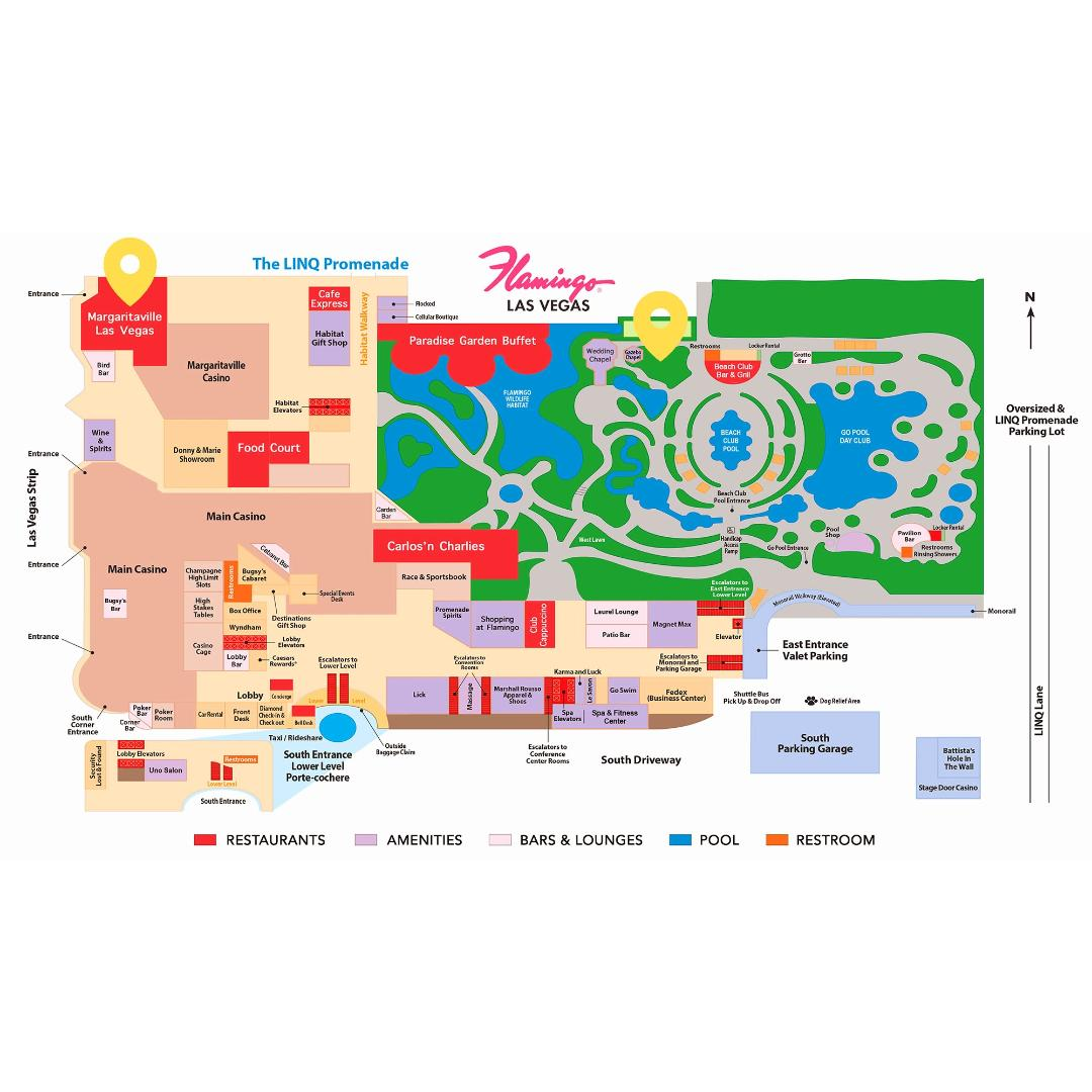 Map of the Flamingo Hotel Grounds - Ceremony and Reception are both marked with a yellow location tag