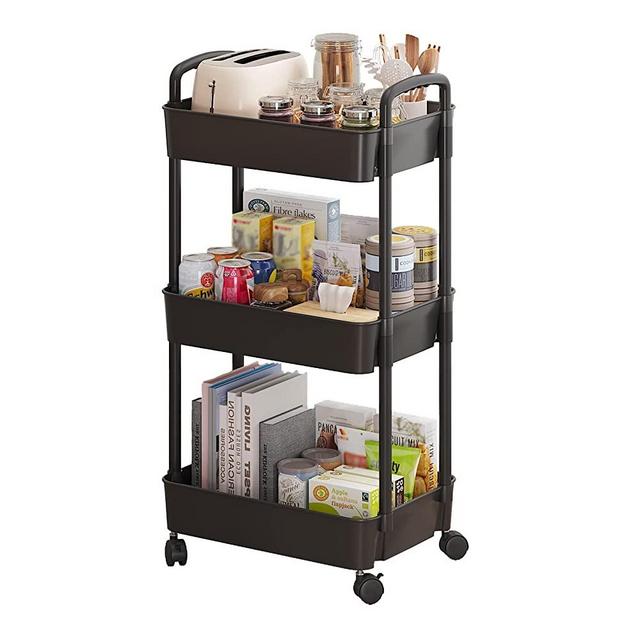 Sywhitta 3-Tier Rolling Utility Cart with Handle, Multi-Functional Storage Trolley for Office, Living Room, Kitchen, Movable Storage Organizer with Wheels, Black