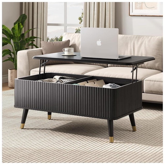 JOINICE, Lift Top Coffee Table with Storage Shelf & Hidden Compartment, Mid Century Modern Fluted Rectangle Dining Table for Living Room, Home Office,Black