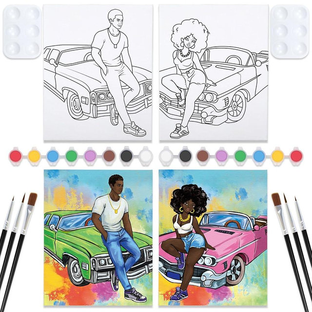 Nuberlic Couples Painting Kit Date Night Afro Couples with Cool Car Sip and Paint Kit for Adults Pre Drawn Canvas for Painting for Adult Love Pre Drawn Stretched Canvas Kit Art Set 2 Pack 8"x10"