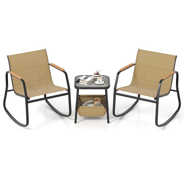 Tangkula 3 Piece Rocking Bistro Set Outdoor, Patio Rocking Chairs & Side Table with Storage Basket, Wood-Like Armrests & Metal Frame, Patio Furniture Set for Porch, Backyard, Lawn & Poolside