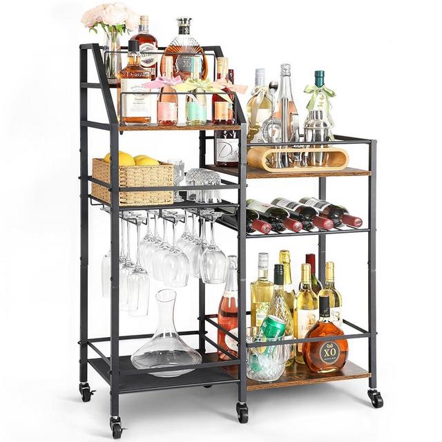 VINAEMO Wine Rack Freestanding Floor, Bar Stand for Home, Bar Cart with Wine Holder and Wine Glass Rack, Liquor Bottle Display Shelf, Mini Bar for Liquor Whiskey Wine, Bar Cabinet for Home Bar