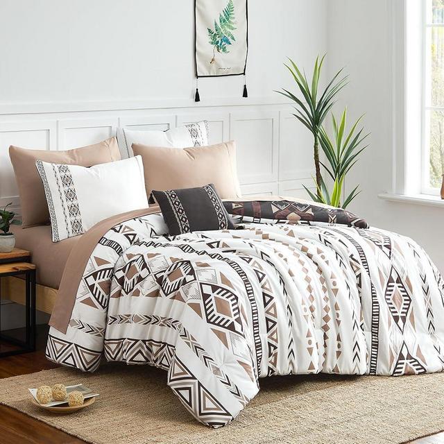Geniospin Oversized Queen Comforter Set - 7 Pieces Reversible Bedding Set, Boho Bed in A Bag, Lightweight Soft Aztec Bedding, All Season Bed Comforter Set with Sheets, Pillowcases & Shams