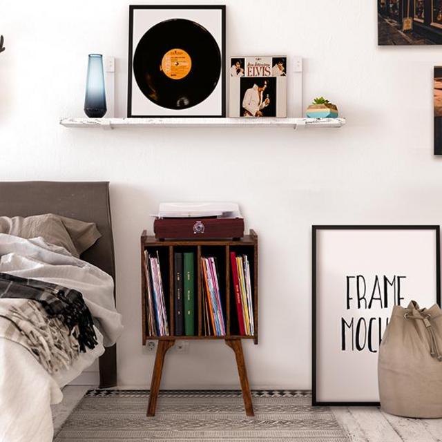 LELELINKY Record Player Stand,Vinyl Record Storage Table with 4 Cabinet Up to 100 Albums,Mid-Century Modern Turntable Stand with Wood Legs,Brown Vinyl Holder Display Shelf for Bedroom Living Room