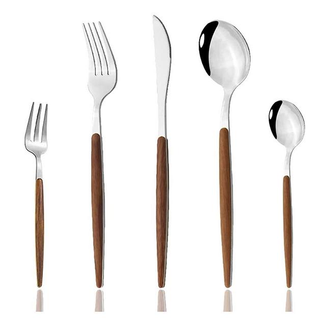 JASHII 30pcs Flatware Cutlery Set Service for 6, Stainless Steel Silverware Set with Imitated Wooden Handle, Tableware Sets Including Forks Spoons Knives - Shiny Silver
