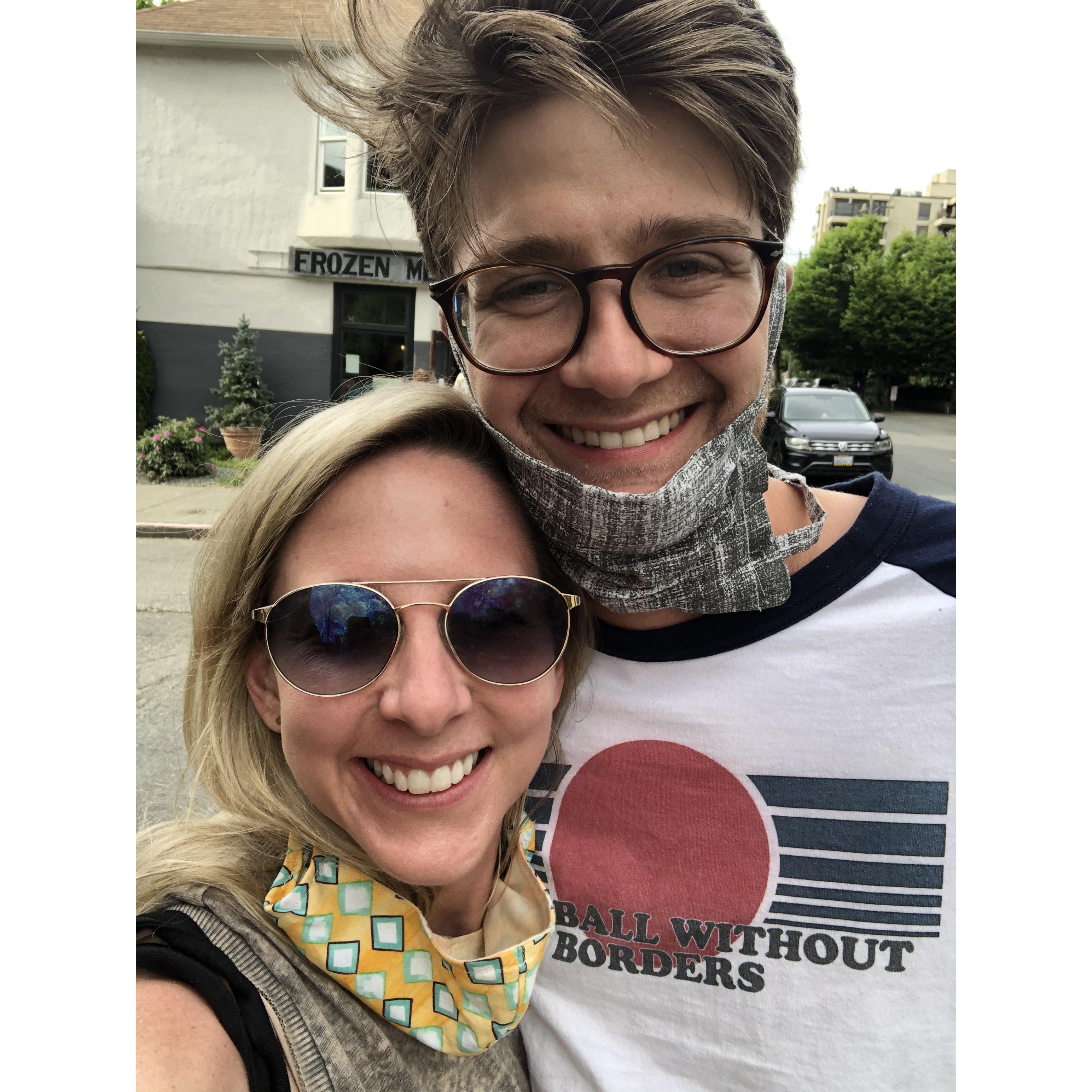Our *first* pandemic outing/date….1 block away to Harry’s Fine Foods. SO happy. May 2020.