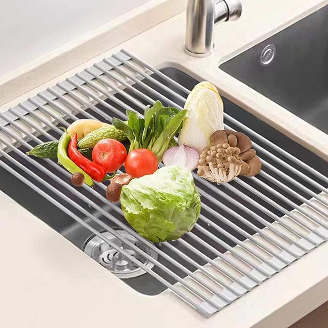 Roll Up Sink Dish Drying Rack: U-Taste 20.5''L x 13"W Over The Sink Multipurpose Folding Dish Drainer for Kitchen Counter with Silicone Coated Stainless Steel (Warm Gray, Large)