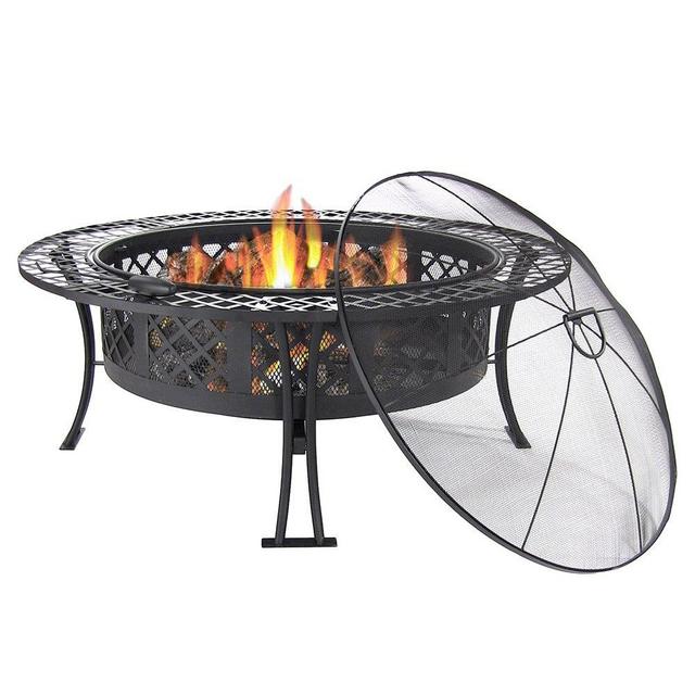 Sunnydaze Diamond Weave Outdoor Fire Pit - Large 40 Inch Round Wood Burning Backyard & Patio Firepit Bowl - Durable Spark Screen and Fireplace Poker