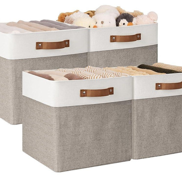 StorageWorks 13x13 Inches Storage Cube, Fabric Storage Bins with PU Handles, Collapsible Organizer Baskets for Closet, Brown and White, 4-Pack