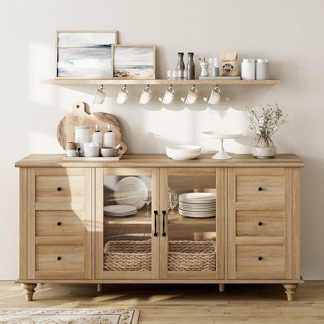 FITUEYES Sideboard Buffet Cabinets with Glass Door, Kitchen Storage Cabinets, Wood Coffee Bar Tables, Accent Sideboard Storage Cabinet Table Dining Room, Living Room,Oak